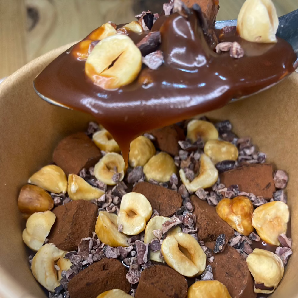 Chocolate salted caramel pot with dark chocolate truffles, hazelnuts & cacao nibs