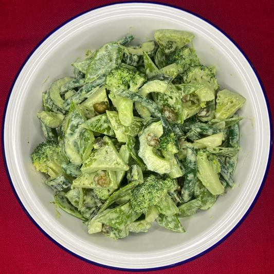 Green veg salad with green goddess dressing and capers