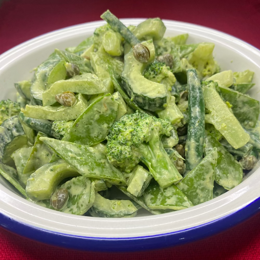 Green veg salad with green goddess dressing and capers