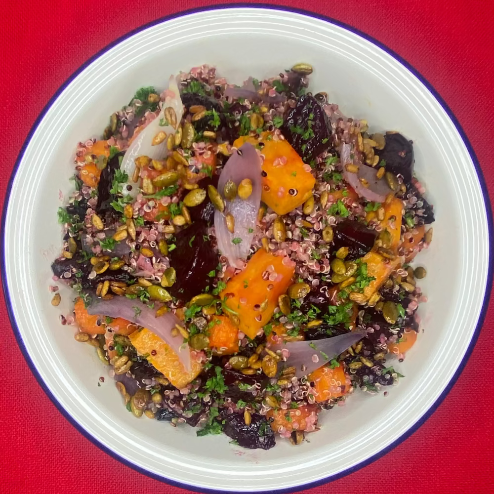 Quinoa, roast beetroot and root veg salad with seeds