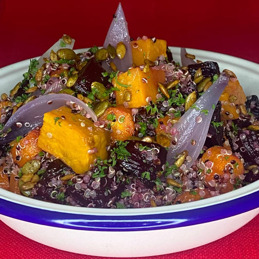 Quinoa, roast beetroot and root veg salad with seeds